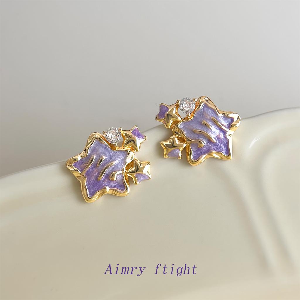 

Original enamel painting drop glaze gradual change of color, needle inlaid zircon purple star stud earrings