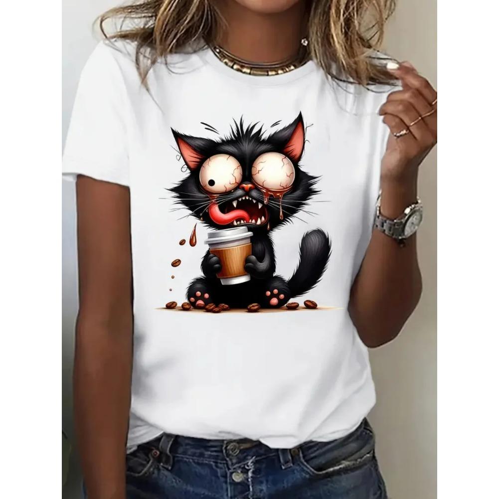 Women's T-Shirts Summer Casual Short Sleeve Tops Crew Neck Tee Fashion Streetwear Female Oversized Clothing Cartoon Cat T-Shirts