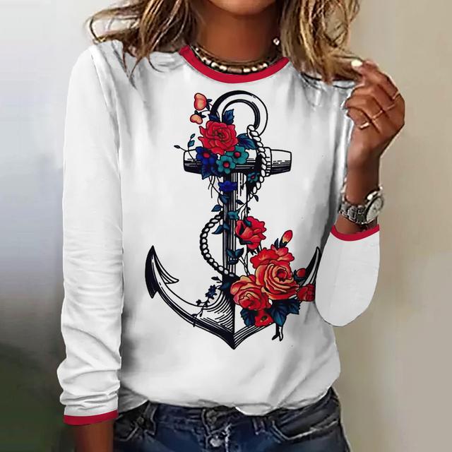 Herbst Frauen T Shirt Langarm Tops Anker Grafik Weibliche Kleidung Alltägliche Streetwear Oansatz Pullover Für frauen Tees 2023