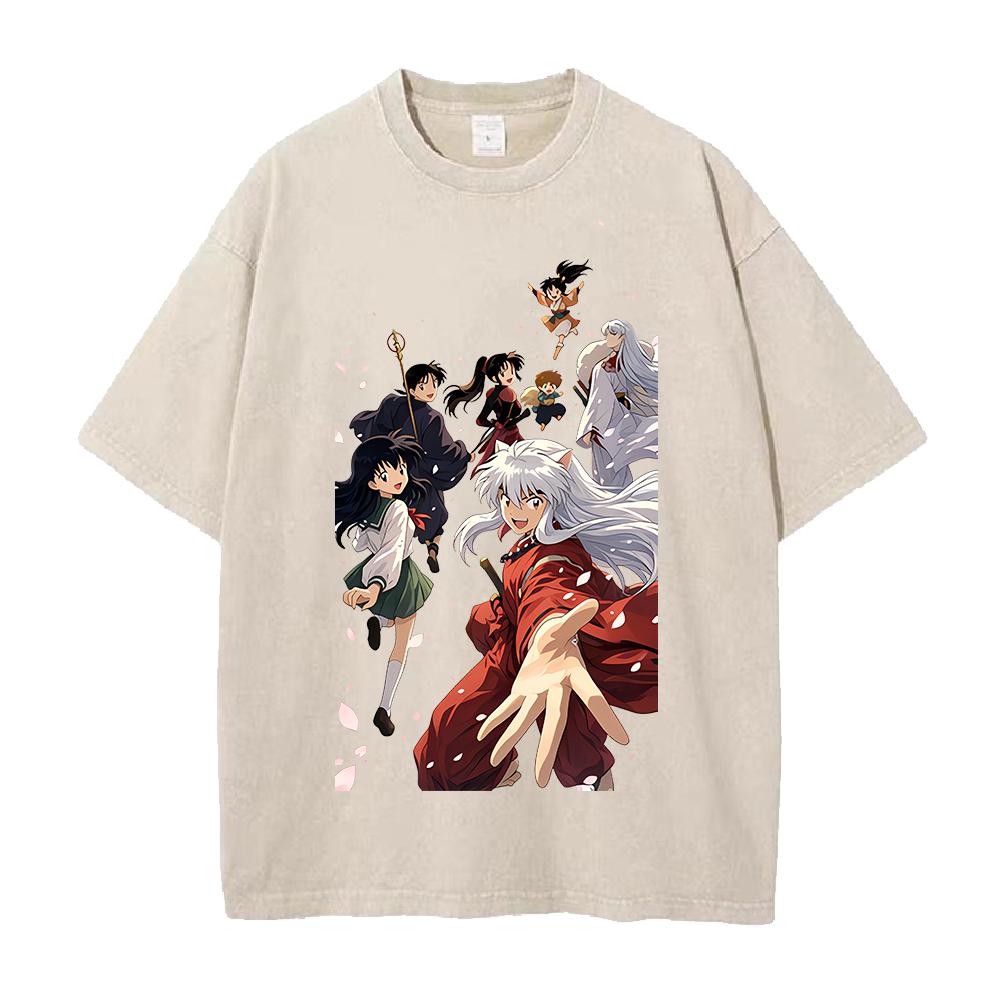 Kagome Miroku Sesshoumaru Print T-shirt Anime Inuyasha Clothing Men Women Cotton Tshirts Retro Washed T Shirt Harajuku Male Tops