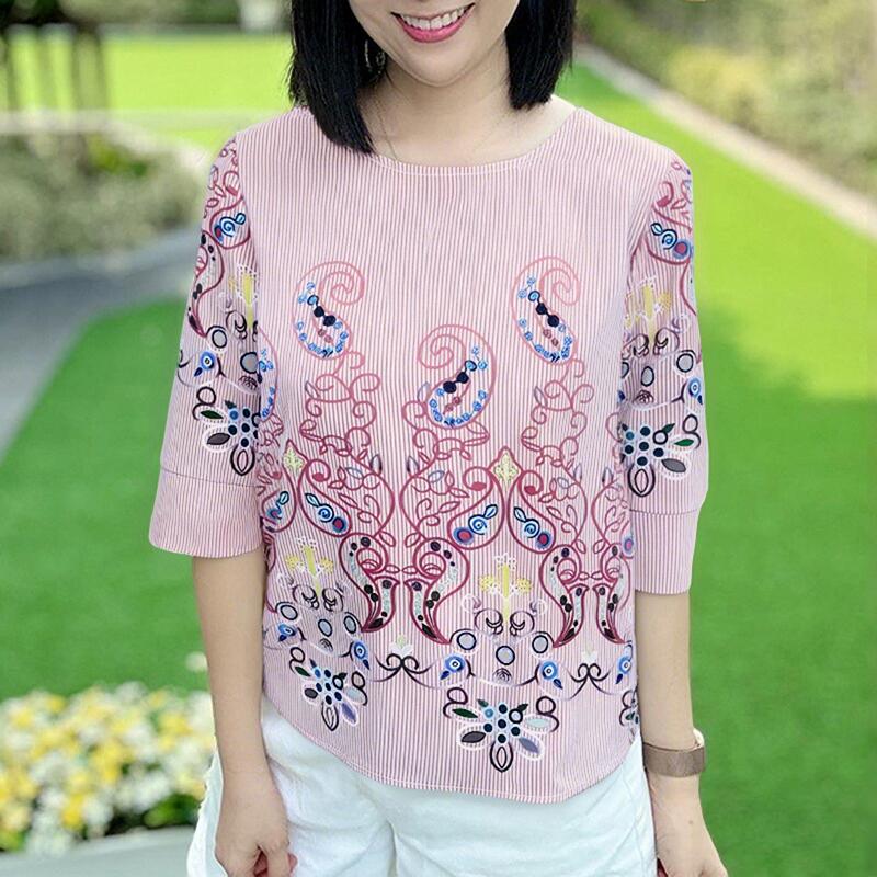 

ZANZEA Женская повседневная блузка с круглым вырезом, рукавами 3/4, свободного кроя, с принтом в полоску XL розовый