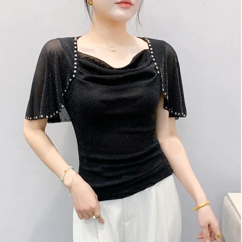 New Fashion Women's Chic Butterfly Sleeve Hot Diamonds Summer T-shirt Sexy Square Neck Slim Mesh Tops Elegant Female Tees