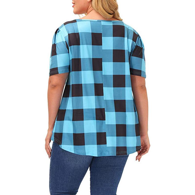 Summer Women's Short Sleeve Blouse Round Neck Loose Plaid Printed Shirt Top