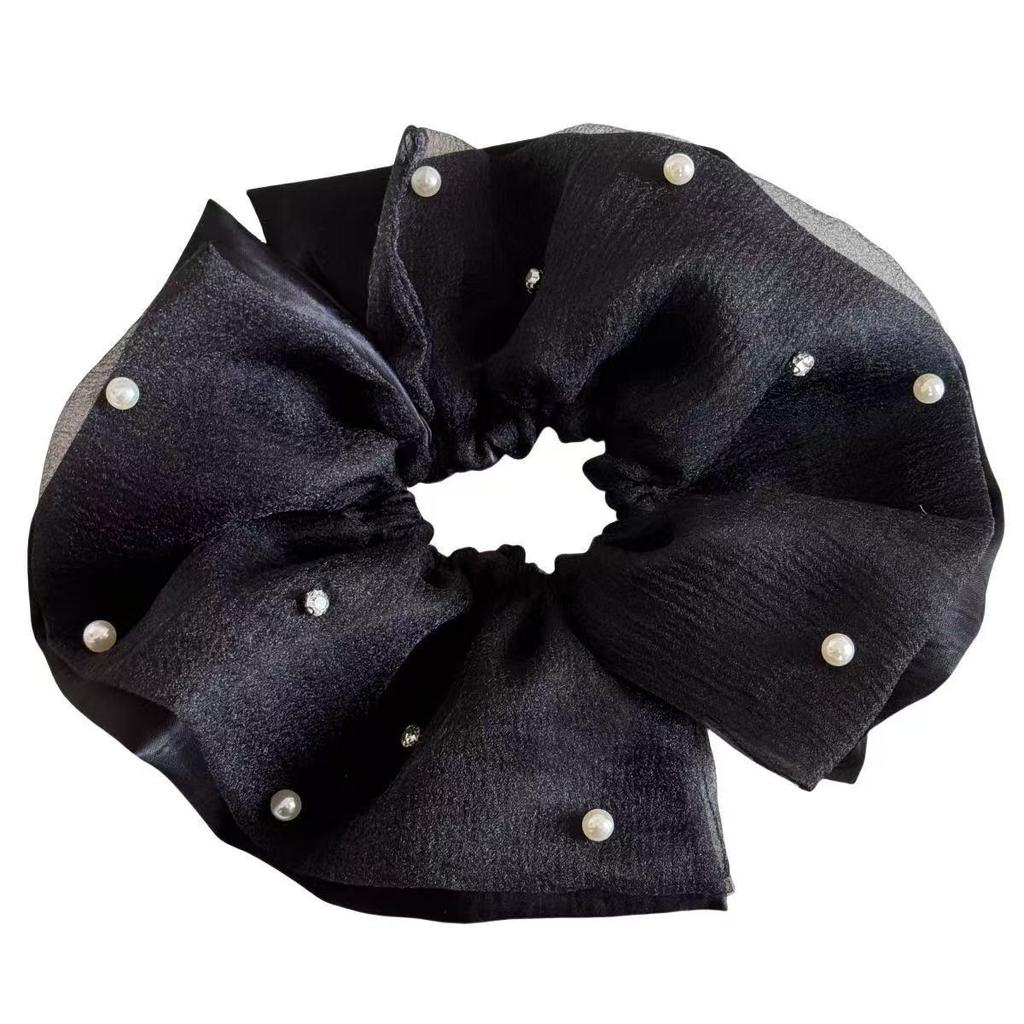Elegant Double Layer Pearl Mesh Hair Tie - Retro Polka Dot Updo for Women