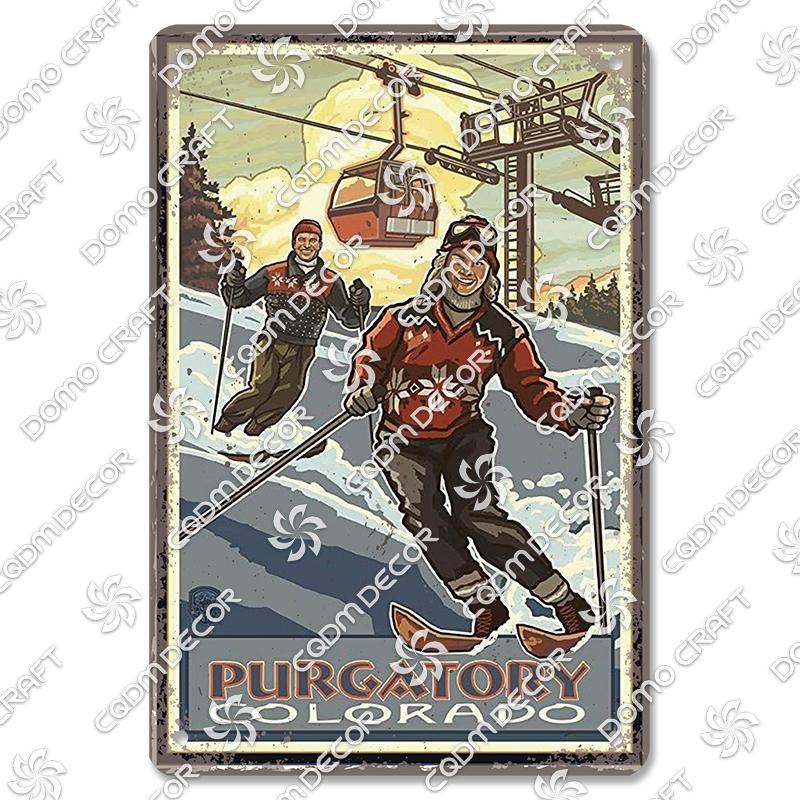 Ski Poster Metall Blechschilder Skipiste Schlitten Winter Skifahren Sport Metallplatte Vintage Wanddeko Geschäft Ski Club Wohnzimmer Zuhause