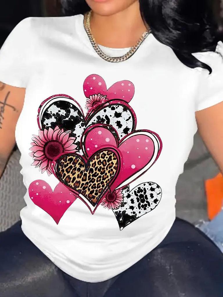 TEMU Valentine's Heart Women's Short Sleeve Crew Neck Top