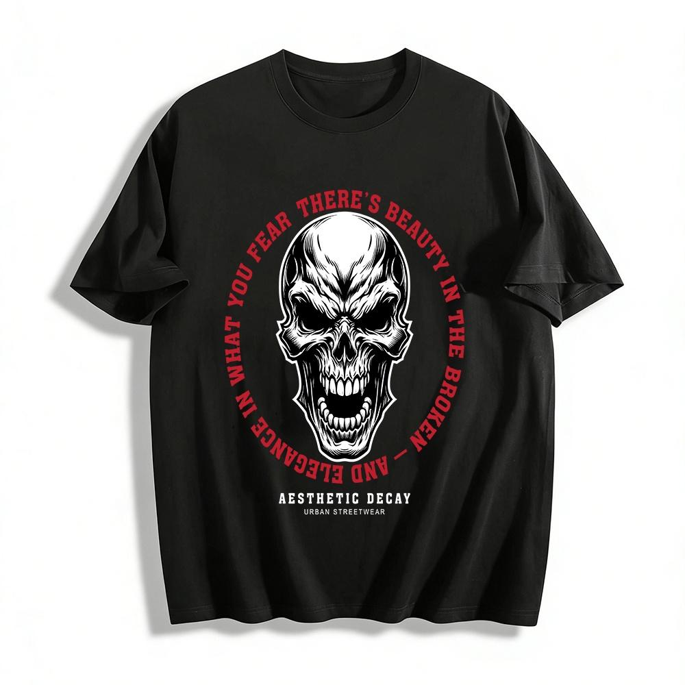 

Skull Print Graphic Tee Beauty In The Broken Edgy Streetwear Top Pure cotton T-shirt XXS