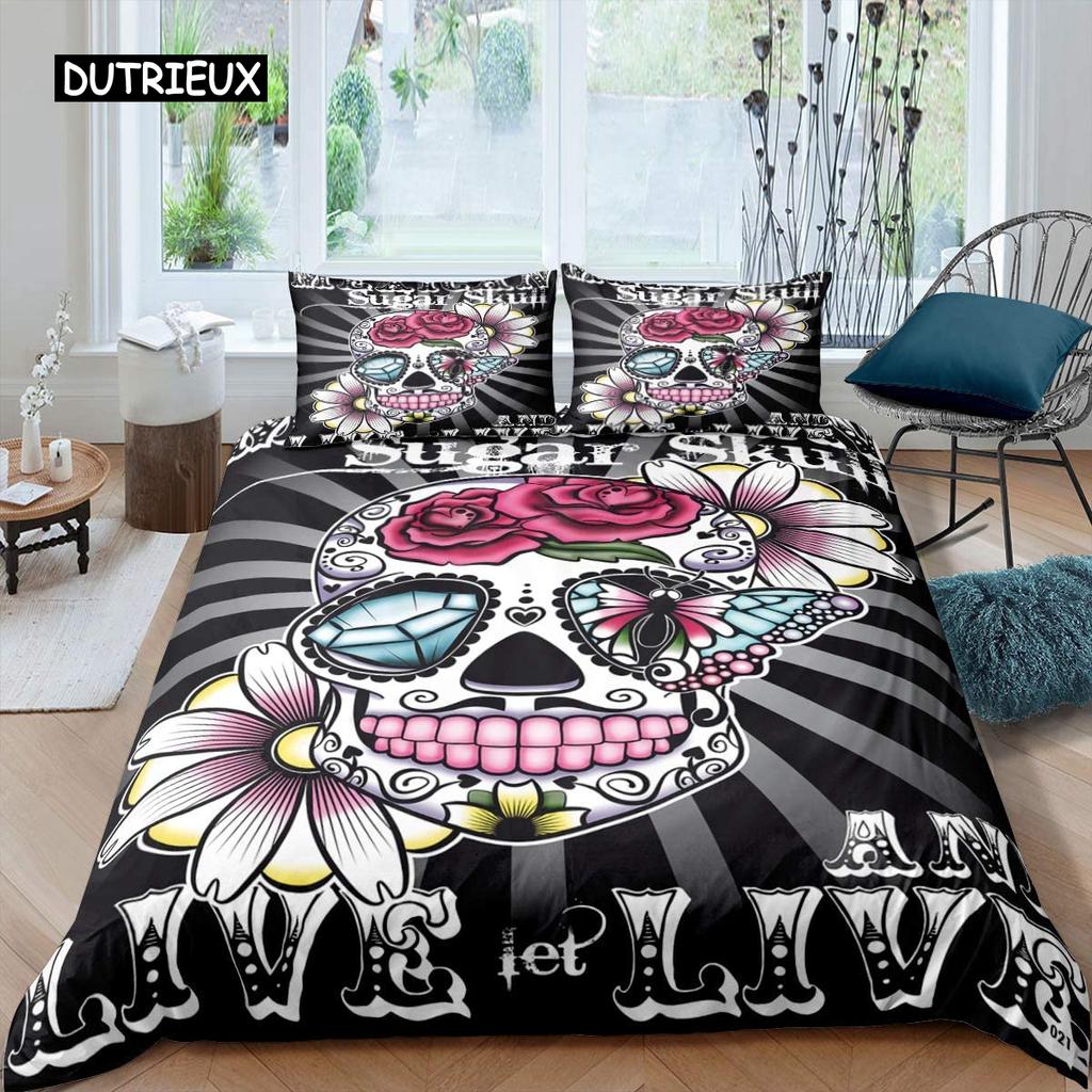 Sugar Skull Comforter Cover Set Teen Girl Bedding Set,Sugar Skull Decor Bedding Skull Roses Floral Print Duvet Cover Set