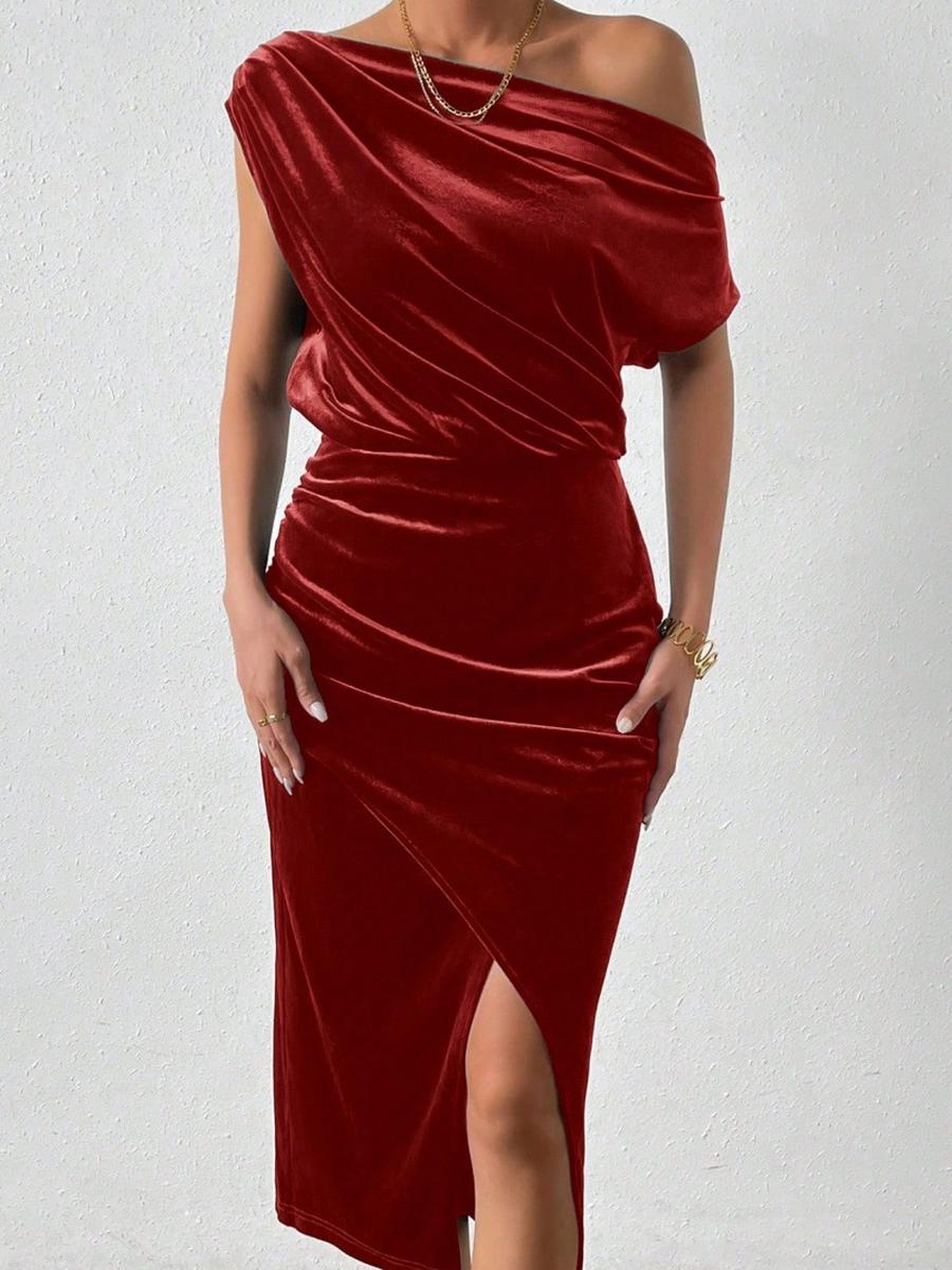 

Summer New Arrival Quick Buy Chic Women s One-Shoulder Off-Shoulder Evening Gown Dress XXL червоний