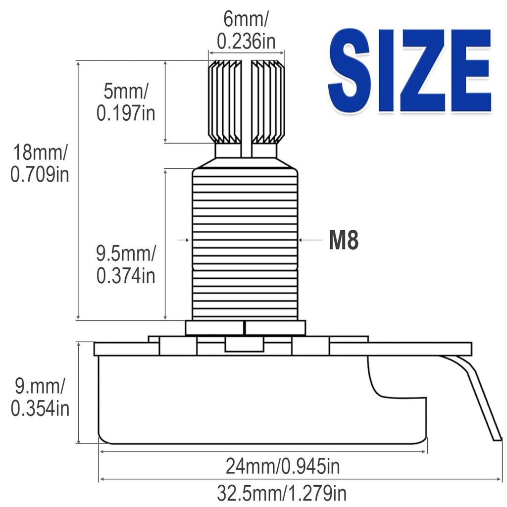 DAOKAI 500K Guitar 18mm Long Brass Shaft Control Brass Shaft Full Metric Size Audio Taper Potentiometer 18 Spline Shaft for Electric Guitar and Bass