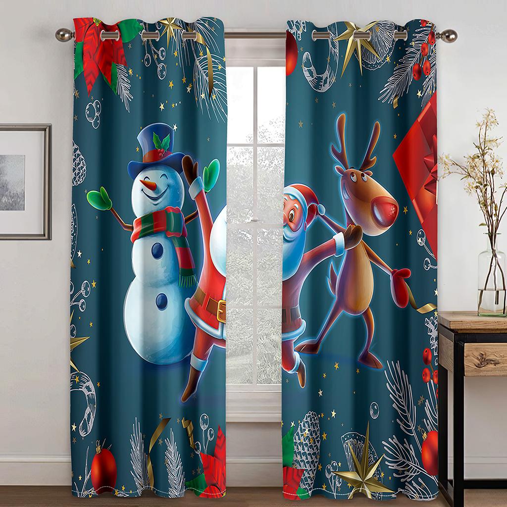 

Рождественские детские кавайные шторы, украшенные мультяшными шторами с изображением Санты, оленя и снежинок, праздничная атмосфера W132cm x H160cm&Grommet