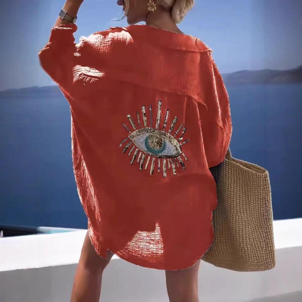 European & American Cross-border Women's Long Sleeve Cotton Linen Casual Shirt with Turn-down Collar