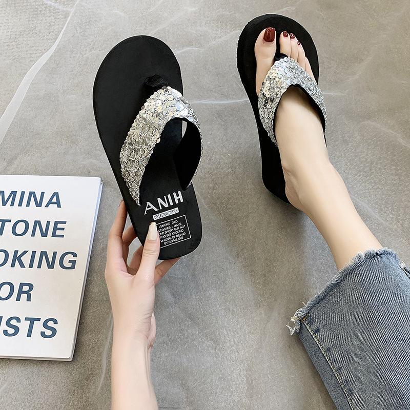 Glitzer, Zehensandalen, Damen, Keilabsatz, Dicke Sohle, Hausschuhe, Strandschuhe, Pantoletten, Glänzend, Damenpantoletten