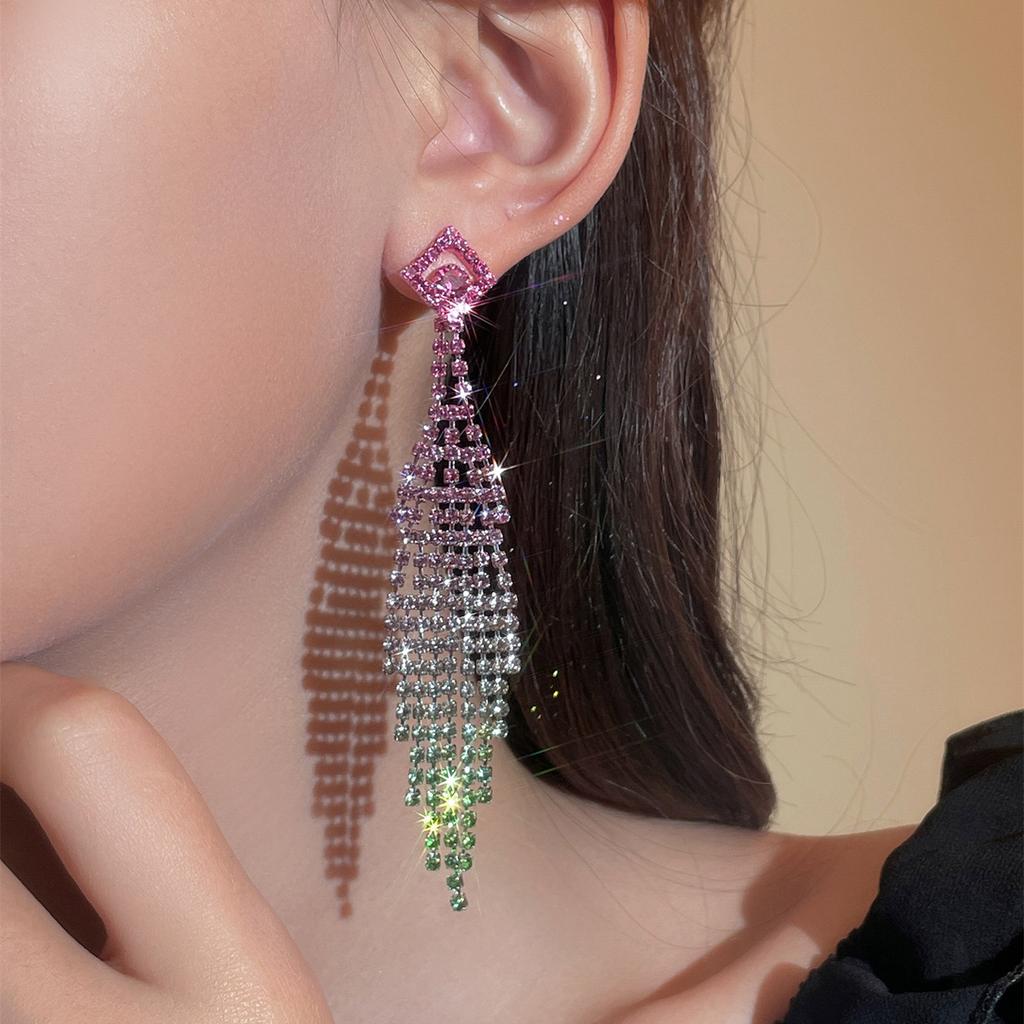 Fashion Gradual Change of Color Super Flash Full Diamond Long Fringed Earrings