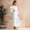 Women's White Chiffon Lace Jacquard Off-Shoulder Evening Gown - Elegant Long Dress for Wedding & Formal Events
