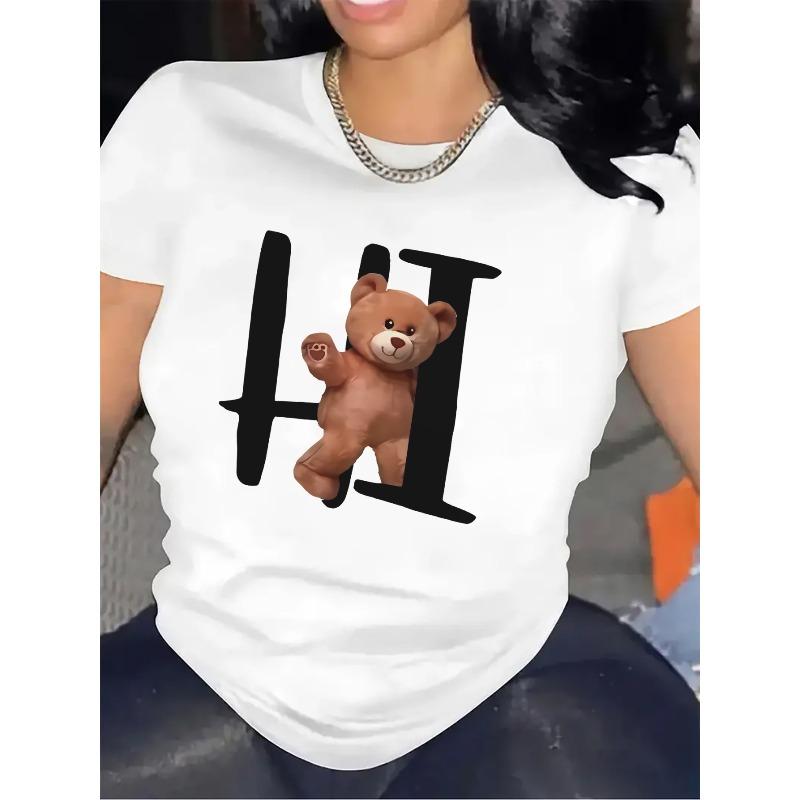 Women Cute Bear HI Print T-Shirt Black All-Over Print Stretch Polyester Round Neck Soft Short Sleeve Home Office Casual Machine Washable Top