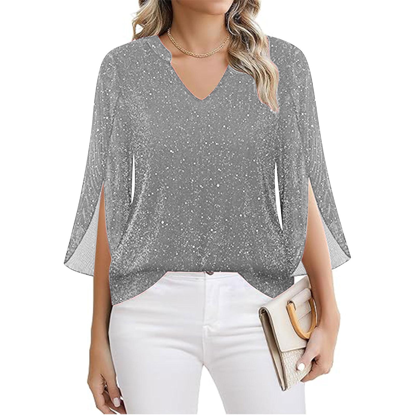 

Women s Fashionable Double-Layer Mesh V-Neck Three-Quarter Bell-Sleeve Loose-Fit Top XL