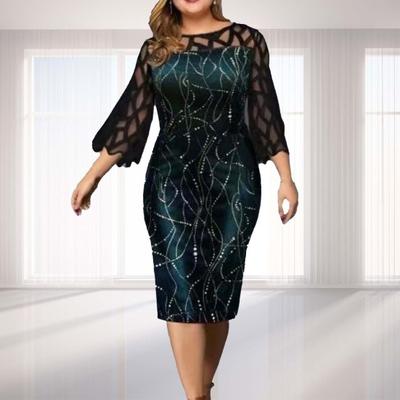 Women Prom Dress See-through Lace Patchwork Three-quarter Sleeve O-neck Plus Size Dress-up