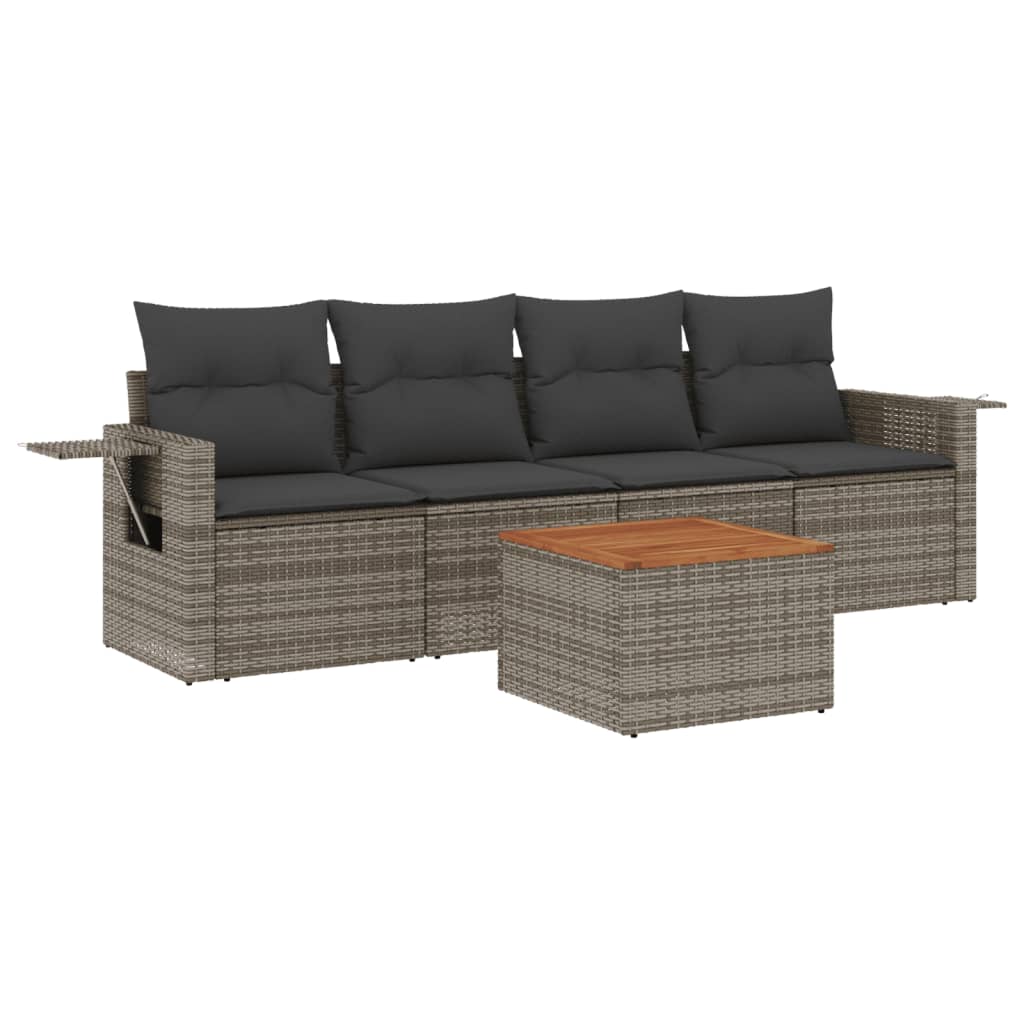5 Piece Garden Sofa Set with Cushions Gray Poly Rattan