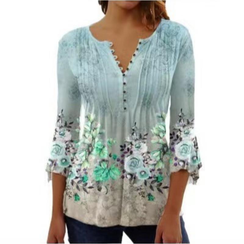 Spring and Summer Women's Blouse Fashion New Women's Floral Print V-neck Short-sleeved Pleated Buttons T-shirt