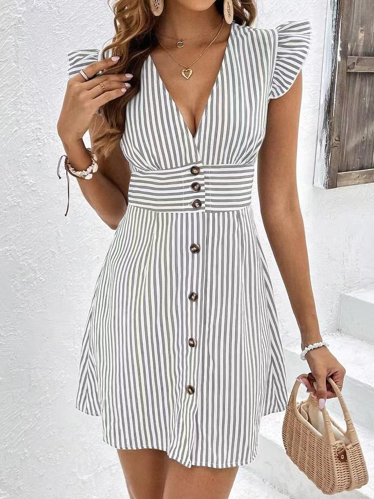 New Summer Women's Fashion Striped Printed V-Neck Flare Sleeve Dress