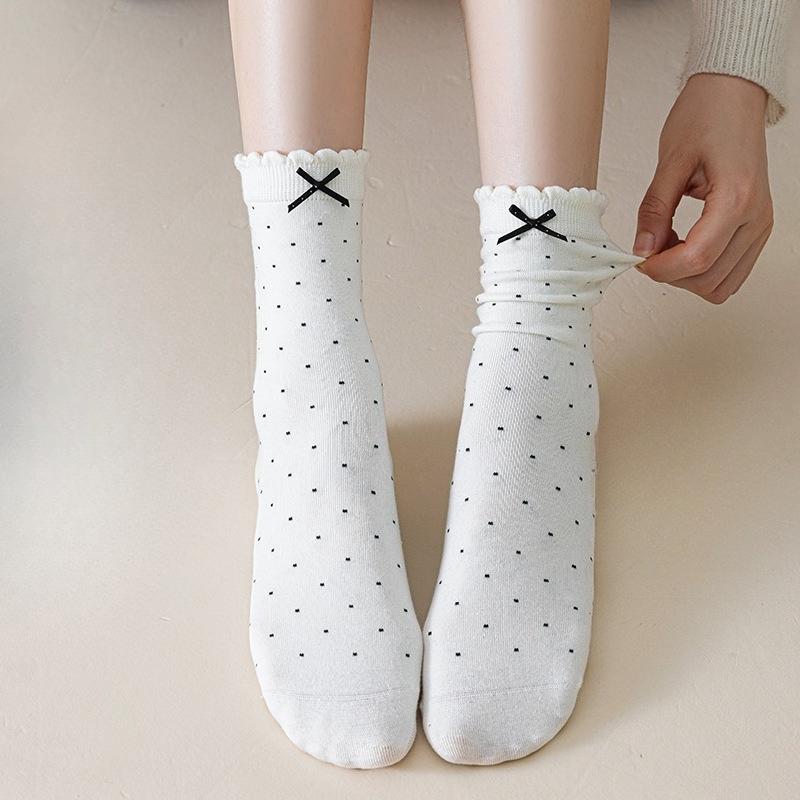 Women's Mid-calf Socks, Boneless Cotton Socks for Spring and Autumn, Polka Dot Lace Bow Long Socks, Polka Dot Versatile Socks, Pile Socks