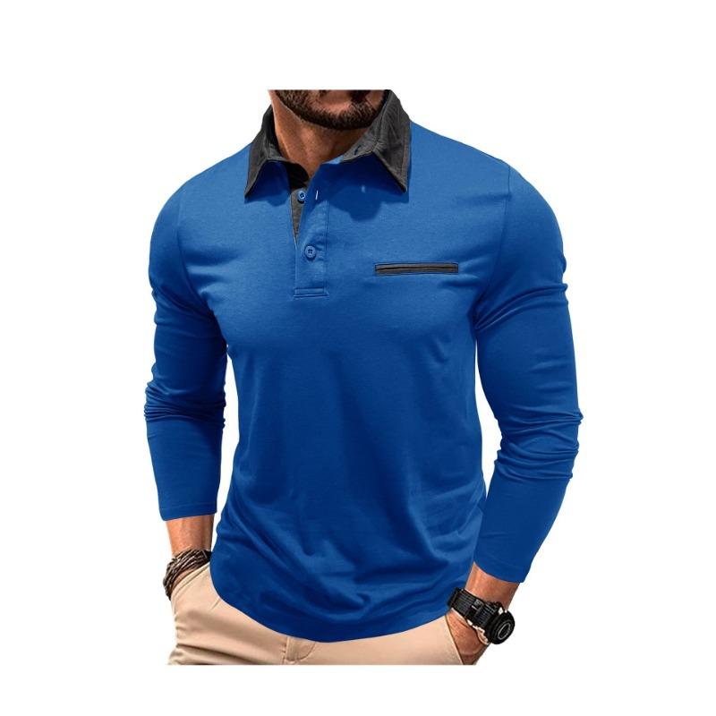 Men Long Sleeve Polo Shirt with Contrast Color Collar Casual Pocket Top