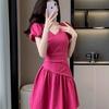 French Retro V-neck Bubble Sleeve Dress for Women's Summer New Pleated Waist and Thin A-shaped Short Skirt