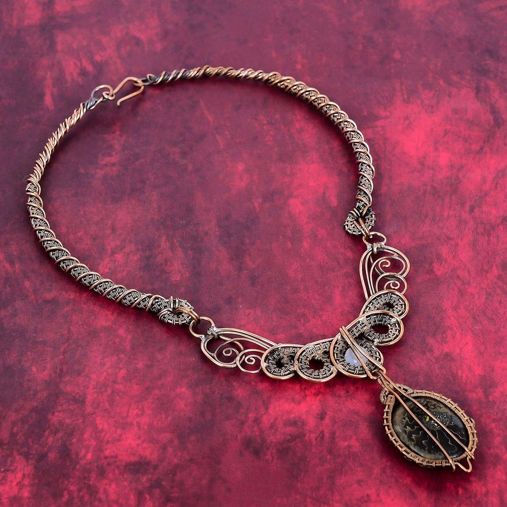 Ammonite Fossil Necklace Copper Wire Wrapped Necklace Rainbow Moonstone Necklace Gemstone Copper Jewelry Engagement Gifts Handmade Necklace