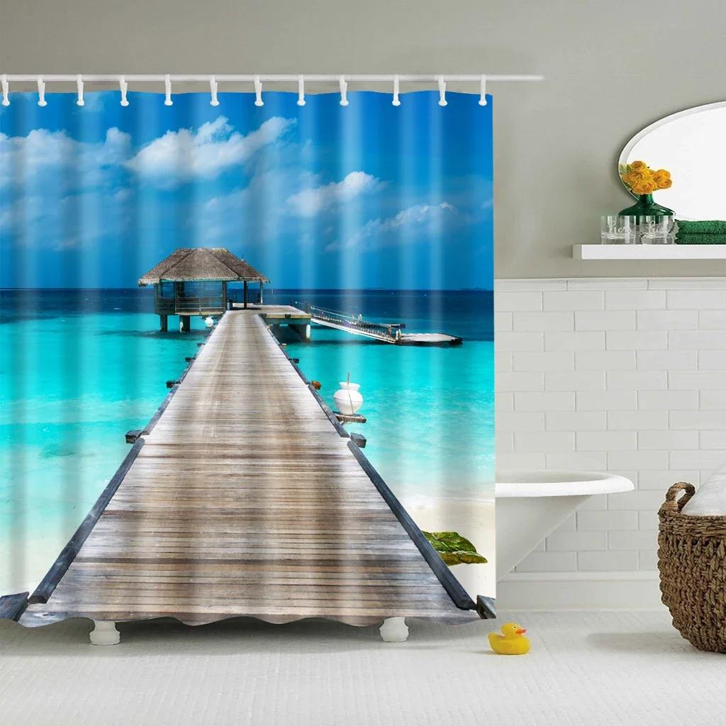 Blue Sky Beach Shower Curtain Modern Scenery Print Bathroom 3D Blackout Curtain Large 180x200cm for Bathroom