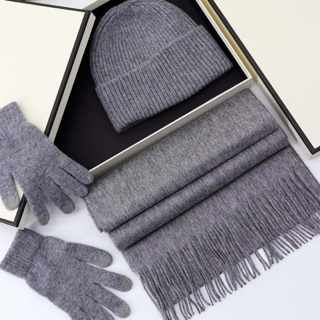 Gift box knitted three-piece 100% solid color wool scarf women's autumn and winter hat gloves versatile warm winter shawl