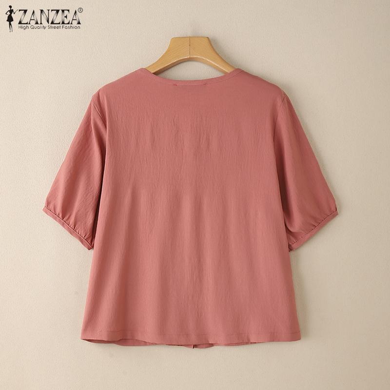 ZANZEA Women Casual Round Neck Short Sleeve Patchwork Pockets Blouse