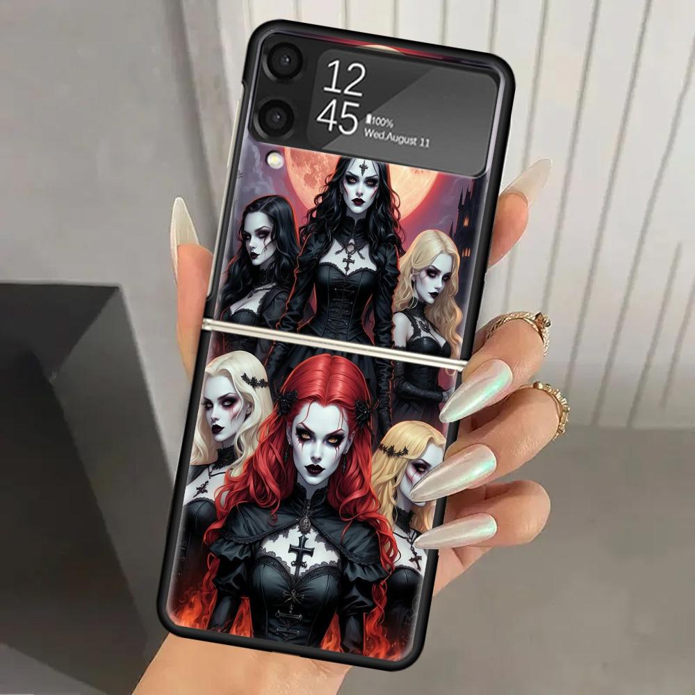 Halloween Moon Witch Horror Hard PC Phone Case For Samsung Galaxy Z Flip 7 6 5 4 3 Black ZFlip7 ZFlip6 Flip5 Flip4 Flip3 5G Prin