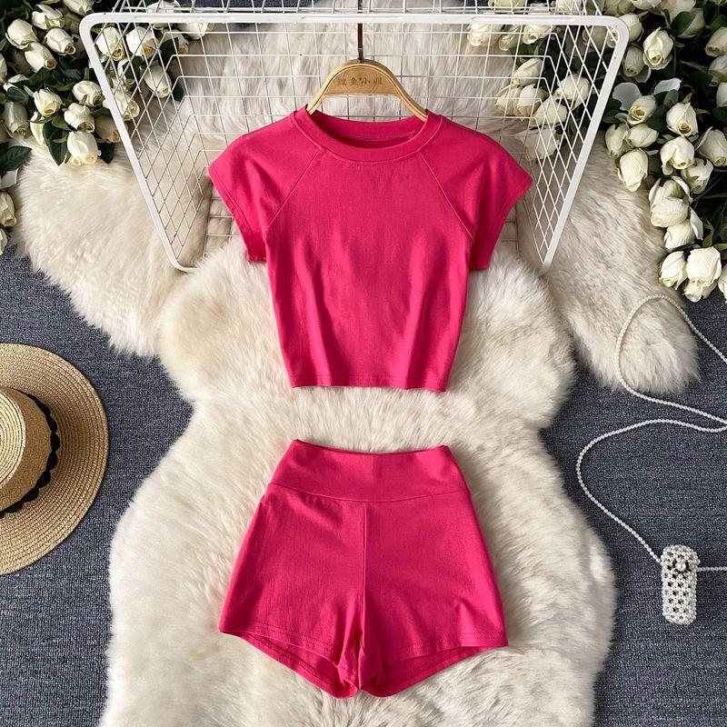 Minimalist Style Athleisure Pure Color Pure Desire Sexy Suit Women's Summer O-neck Short T-shirt + High Waist Figure Flattering Shorts