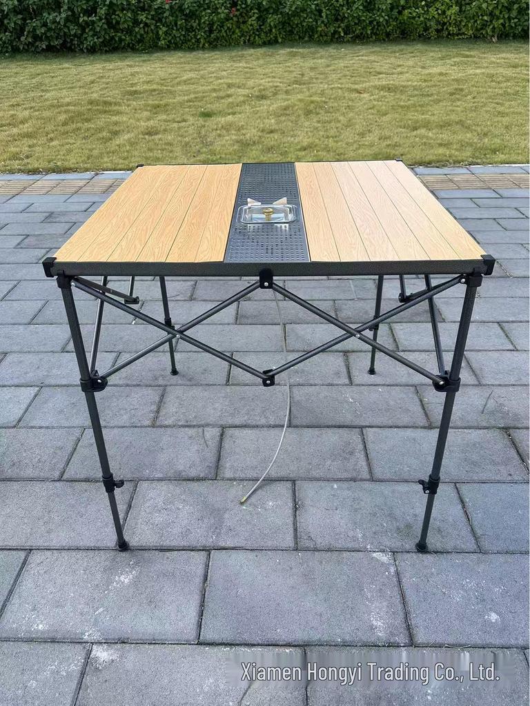 Hongyi Bamboo Pattern Aluminum Folding Table – Outdoor, Adjustable Height for Tea, BBQ, Card Games, Mahjong, Dining.