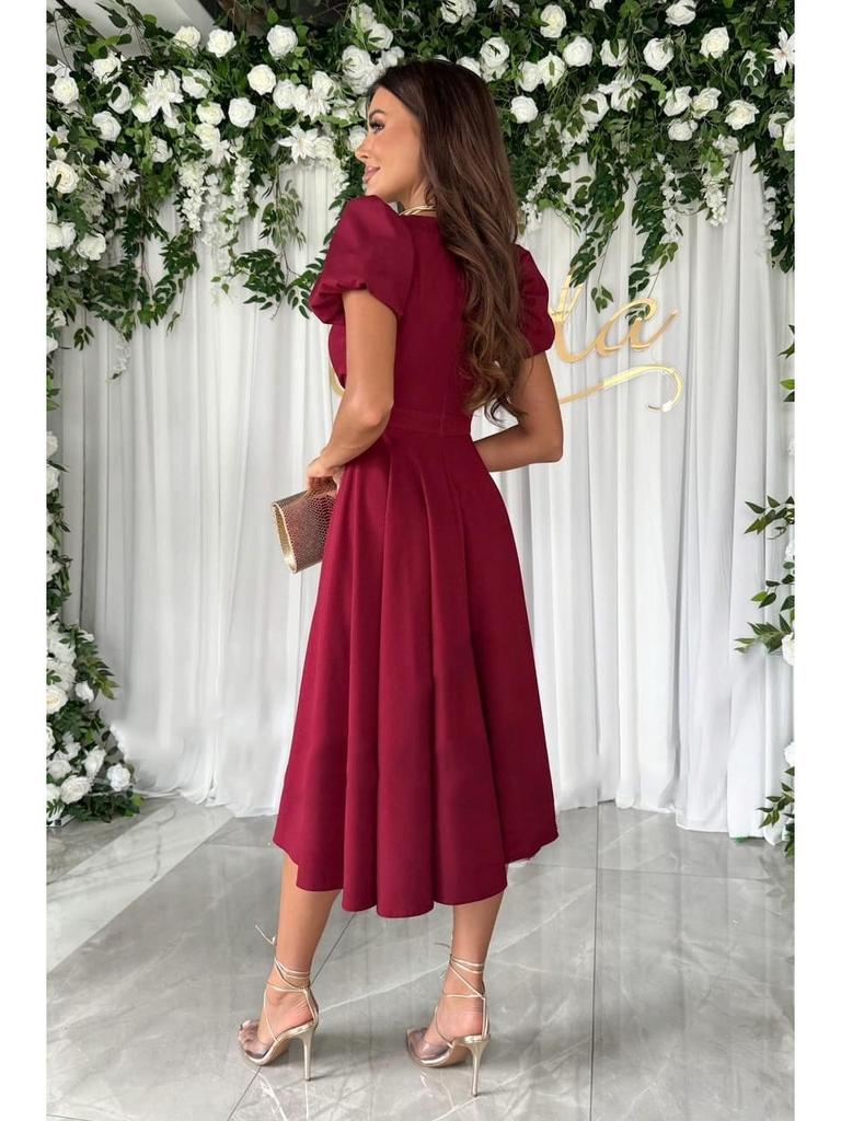 Temu Women's Sexy V-Neck Solid Color Mid-Calf Dress - European American Style