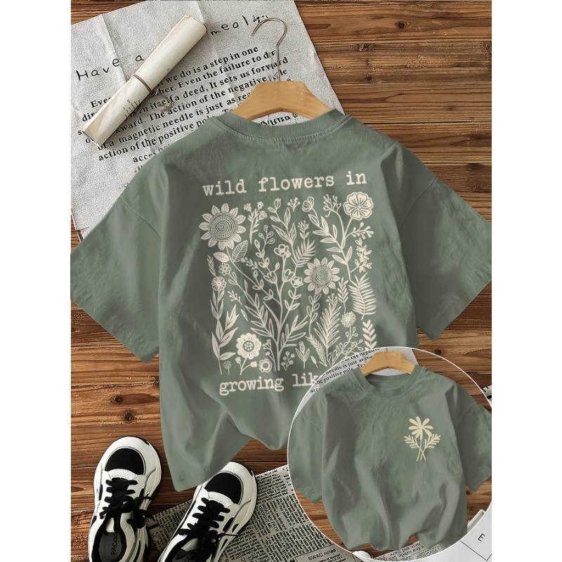 

Letter flower print short-sleeved crew neck T-shirt XL