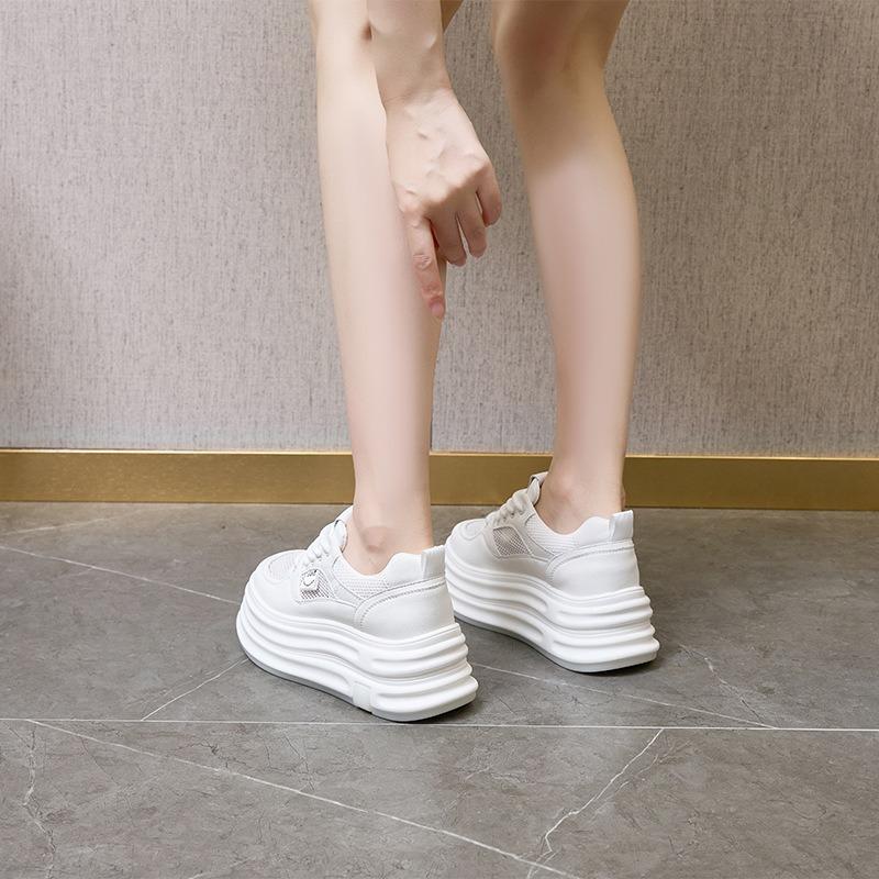 New thick-soled leather little white shoes women's mesh single shoes sports shoes women's inner height-increasing casual board shoes