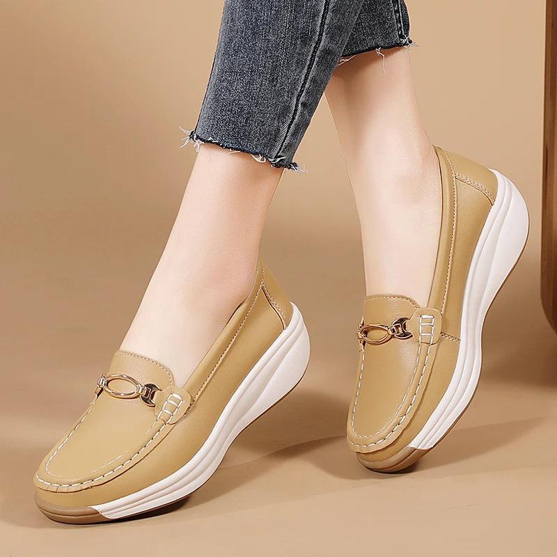 Women's Leather Wedge Loafers Non-slip Soft Sole Casual Shoes Lightweight Platform Footwear for Daily Wear