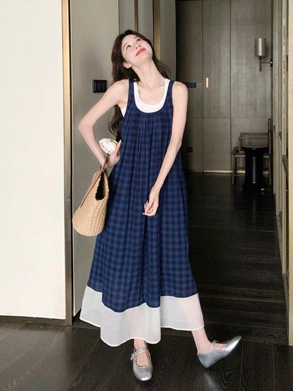 French Blue Plaid Sleeveless Summer Dress - Retro Forest Style Camisole