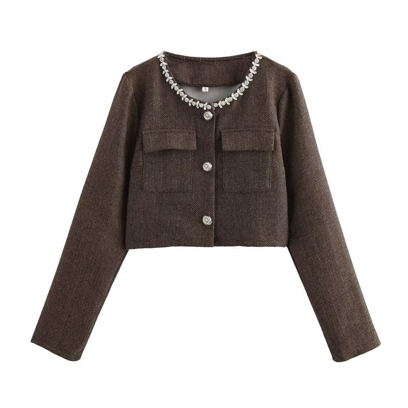 

Kaslead Новинка Женская одежда Модный стиль Минималистичный Французский Джокер Стразы Длинные рукава Короткая верхняя одежда Brown XS