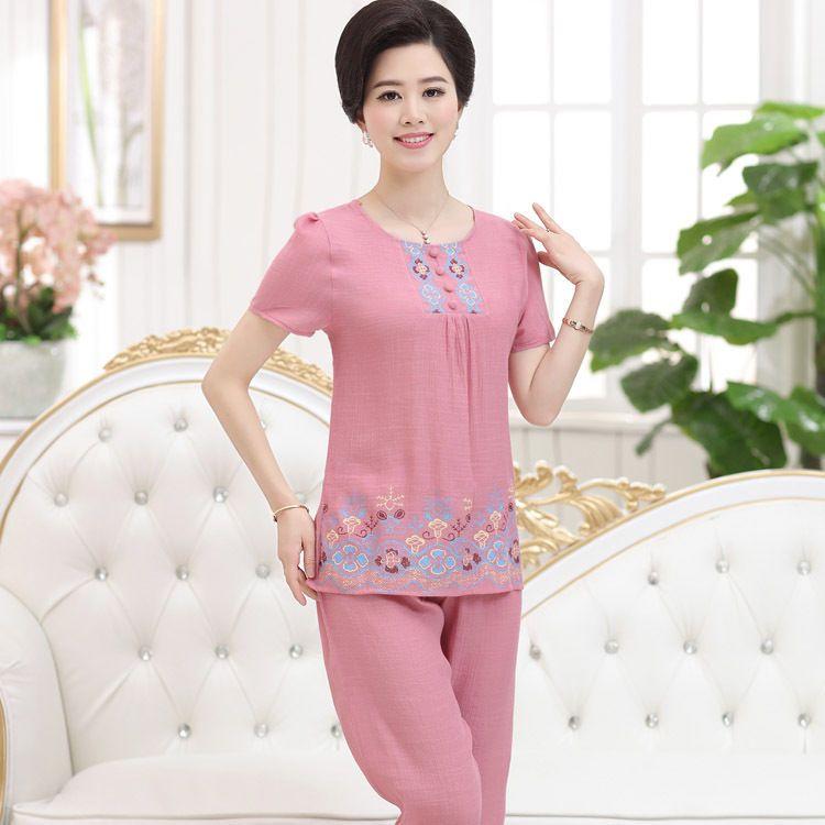 Pajamas for Women, Summer Short Sleeved Set for Middle-aged Mothers Two-piece Set for Home Wear, Can Be Worn Externally