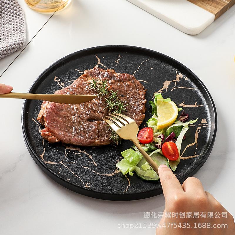 Japanese Creative Ceramic Western Food Plate with Marble Pattern and Edge Steak Plate, Hotel Tableware Setting Plate