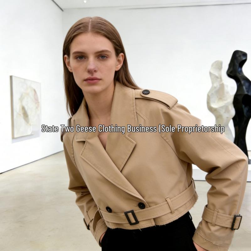 European & American Style Women's Belted Long Sleeve Short Windbreaker Jacket for Spring/Autumn