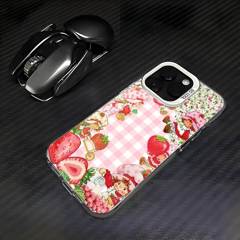 Pink Strawberry Cartoon S-Shortcake Phone Case For iPhone 16 15 14 13 12 11 Pro Max White Matte Laser Metallic Aurora Funda