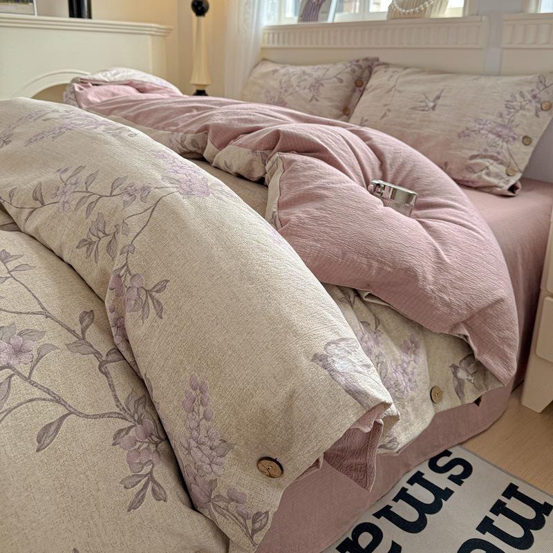 Retro Floral Linen Bedding Set: Autumn & Winter 4-Piece with Button Duvet Cover & Sheet