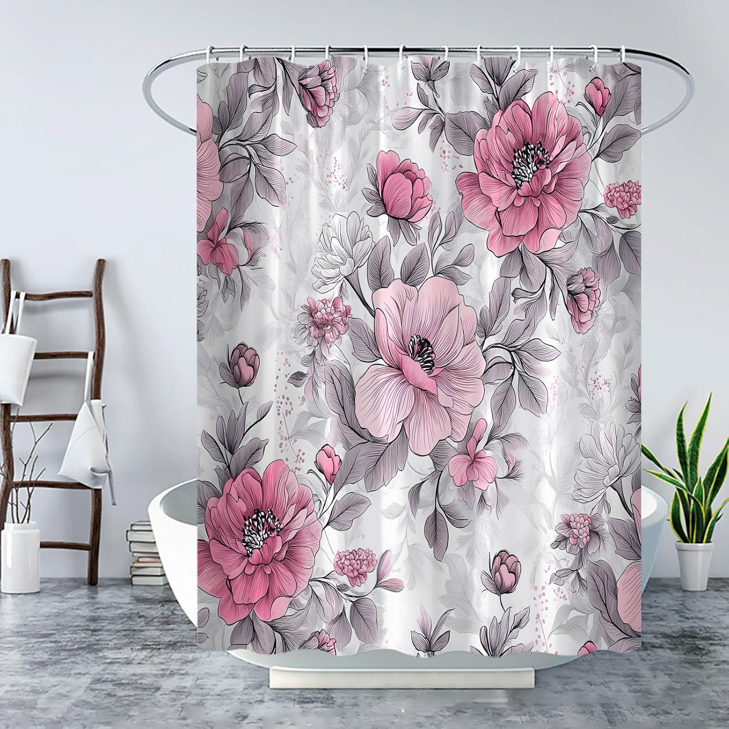 

Pink Grey Watercolor Floral Shower Curtain, Vintage Rustic Farmhouse Spring Wildflower Bathroom Decor 90x180CM