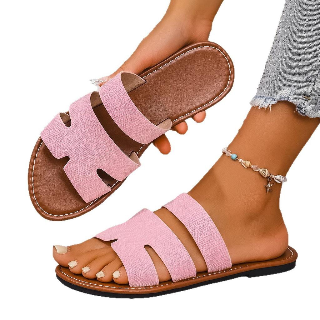 Damen Ein-Wort-Sandalen mit flachem Boden 2025 große Größe Sommer neu runder Kopf bequem flacher Boden Ein-Pedal coole Hausschuhe