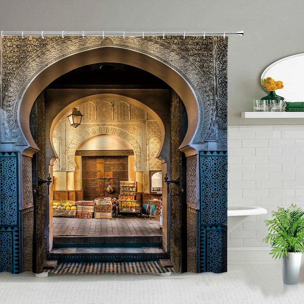 Moroccan Yellow Antique Arched Doors Shower Curtains Old Vintage Wooden Door Bathroom Waterproof Fabric Bath Curtains With Hooks