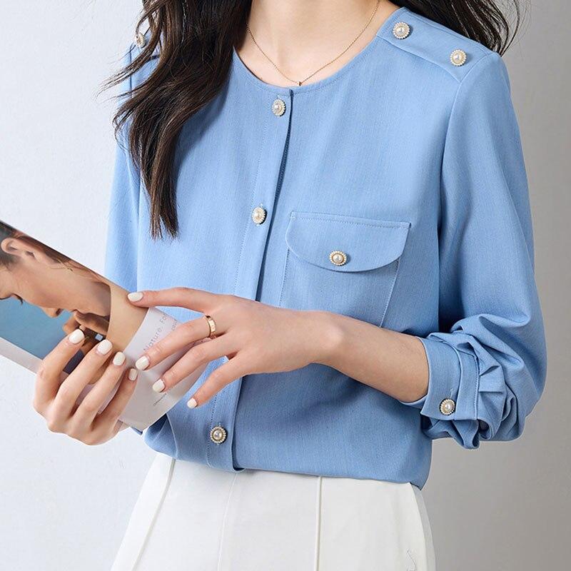 Ofis Bayan Düğmeli Bluz Kadın Moda Mavi Bayan Gömlek Uzun Kollu Kadın Üstleri Rahat Vintage Kadın Giysileri 29313